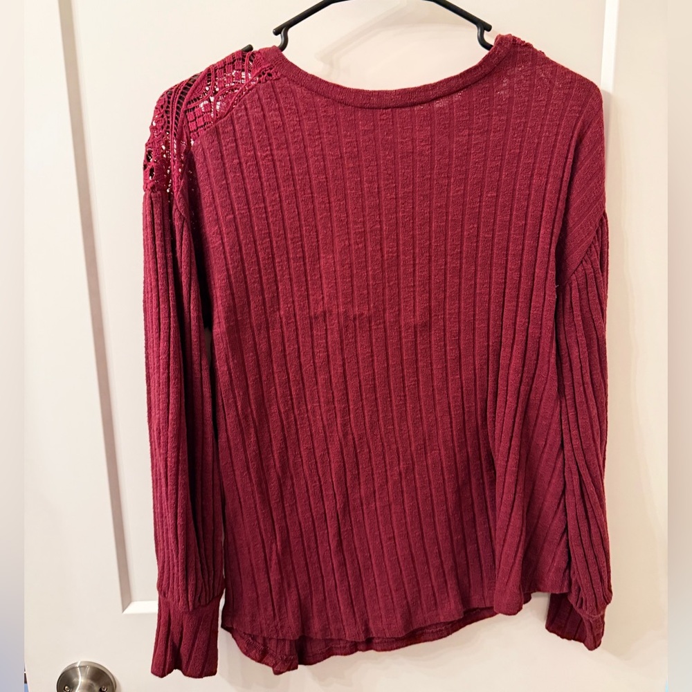 Maurices Ribbed Lace Shoulder Long Sleeve Top - Wine